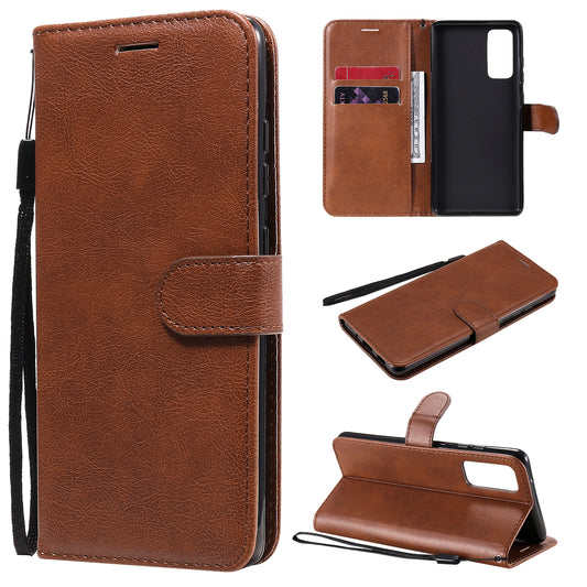 KT Leather Series-2 PU Leather Wallet Stand Case with Lanyard for Samsung Galaxy S20 FE 4G/5G/2022/S20 Lite - Brown