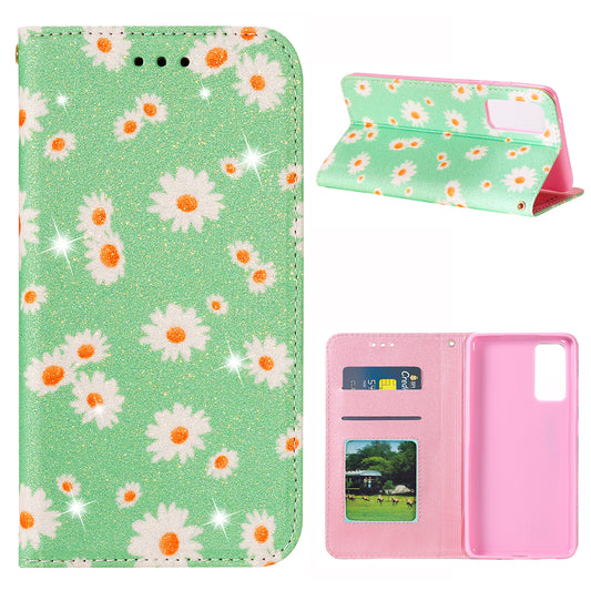 New Arrival Gleaming Powder Daisy Pattern Leather Phone Case for Samsung Galaxy S20 FE/S20 Fan Edition/S20 FE 5G/S20 Fan Edition 5G/S20 Lite - Green