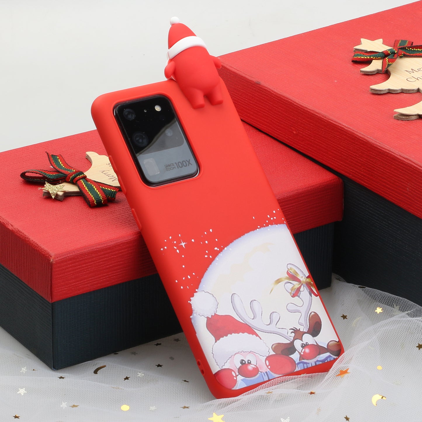 3D Christmas Doll Decor TPU Phone Cover Case for Samsung Galaxy S20 Ultra - Red Nose Santa and Moose