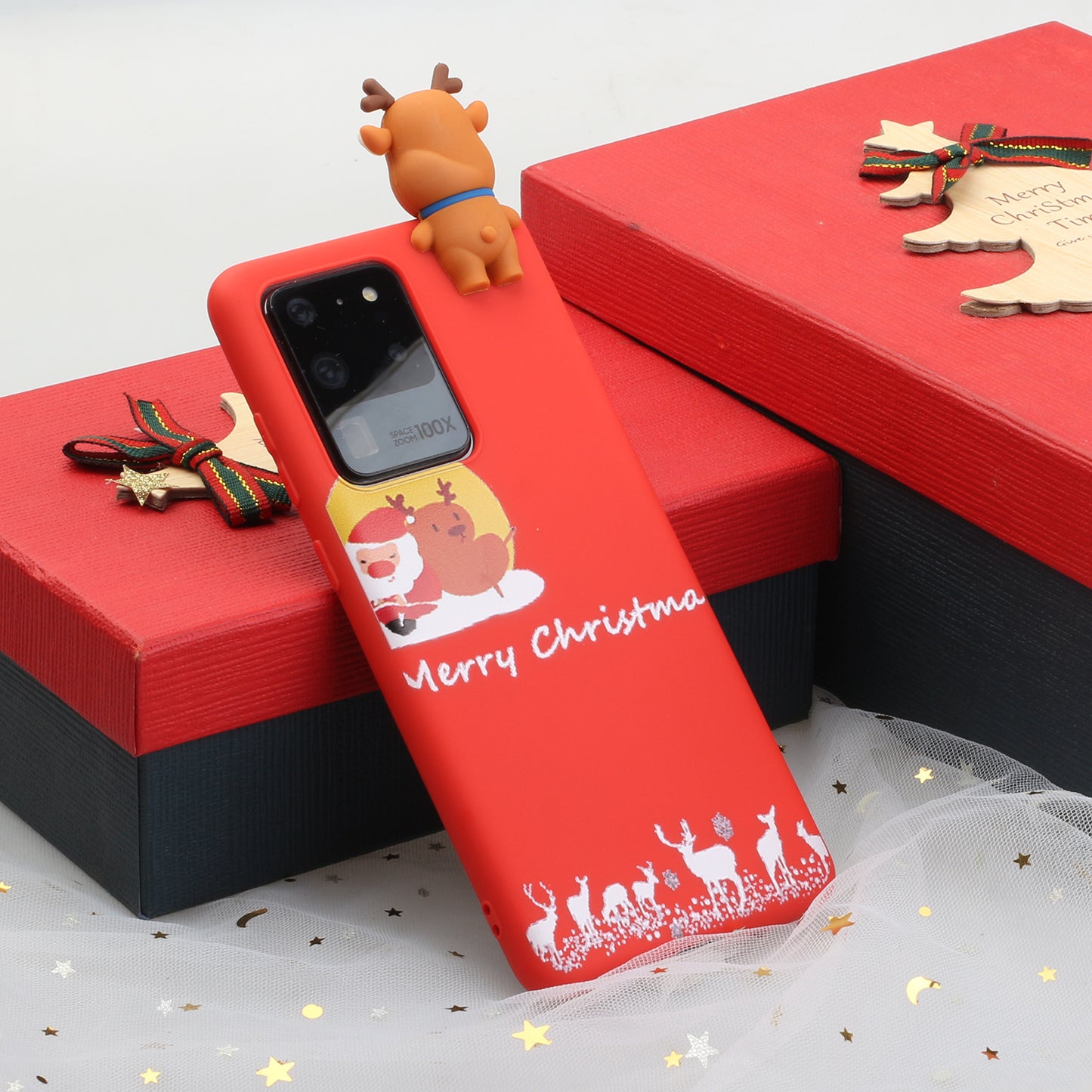 3D Christmas Doll Decor TPU Phone Cover Case for Samsung Galaxy S20 Ultra - Red Santa and Moose