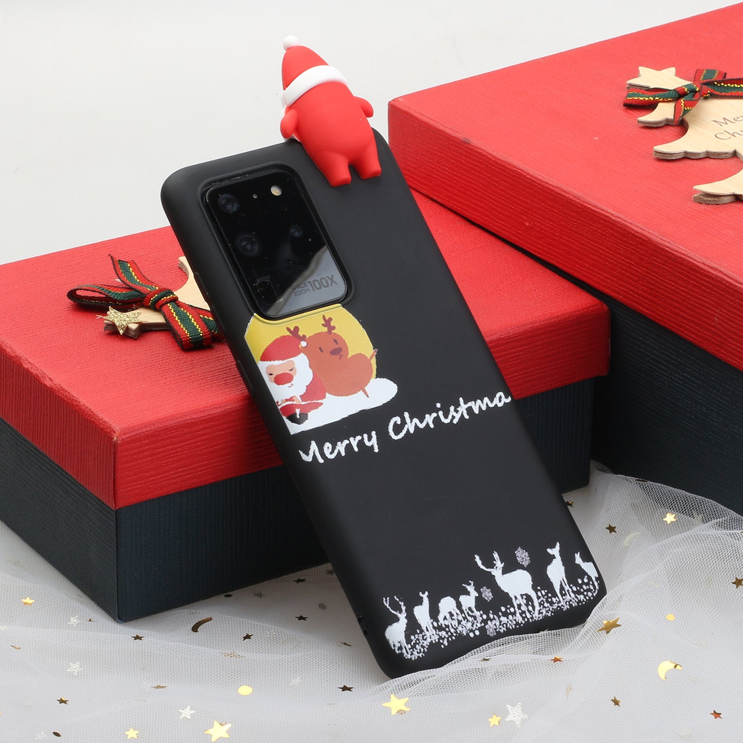 3D Christmas Doll Decor TPU Phone Cover Case for Samsung Galaxy S20 Ultra - Black Santa and Moose