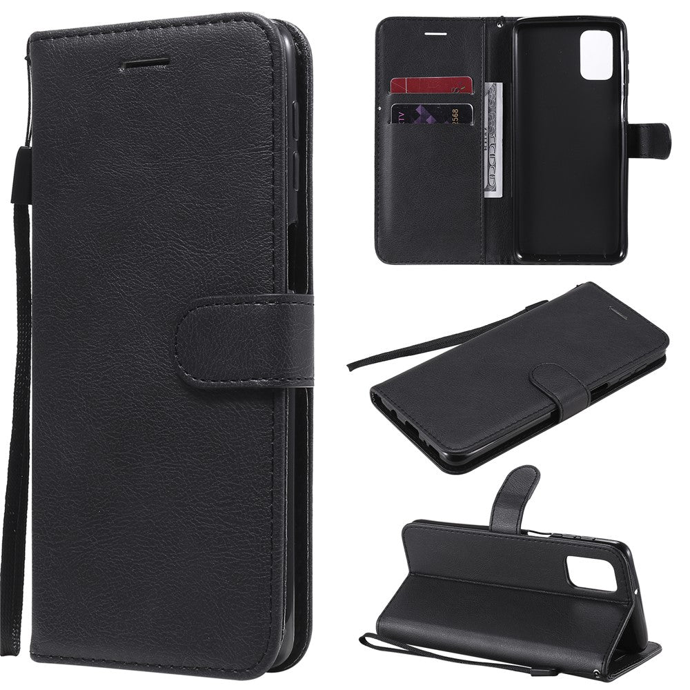 For Samsung Galaxy M31s Case Solid Color Leather Mobile Cover Wallet Stand with Strap - Black