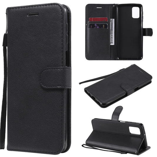 For Samsung Galaxy M31s Case Solid Color Leather Mobile Cover Wallet Stand with Strap - Black