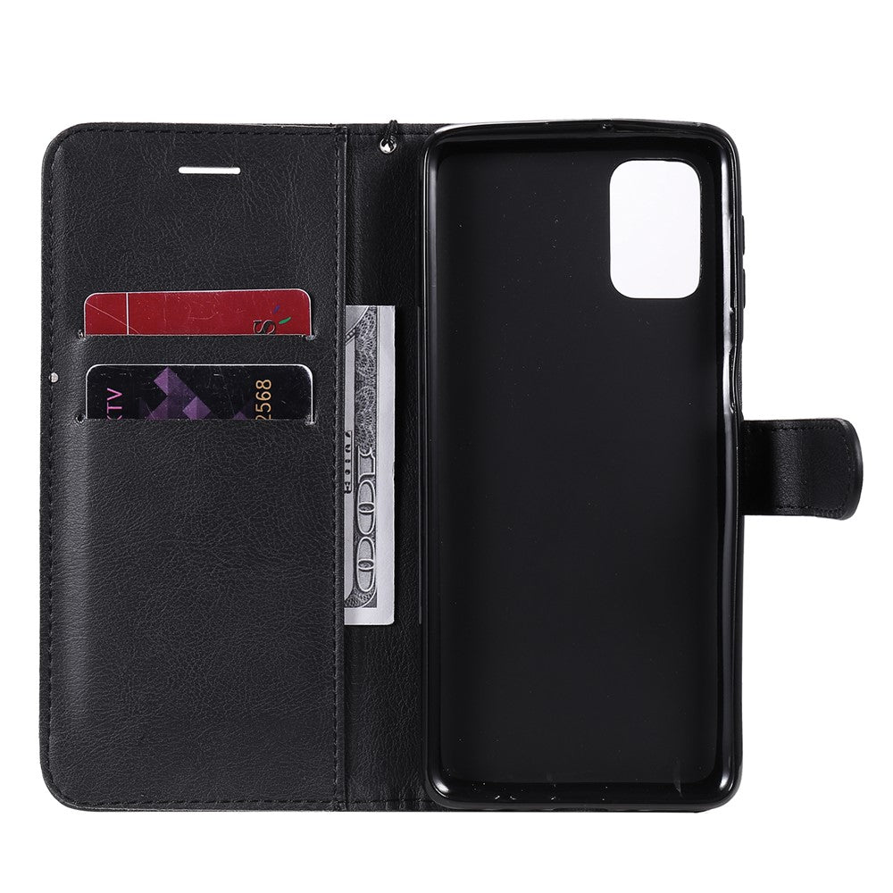 For Samsung Galaxy M31s Case Solid Color Leather Mobile Cover Wallet Stand with Strap - Black