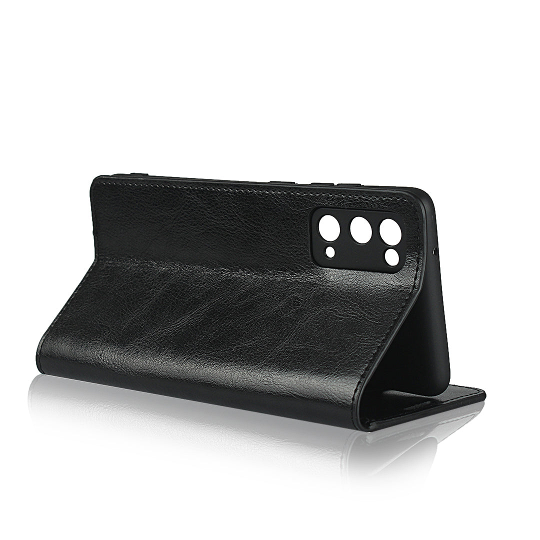 Crazy Horse Auto-Absorbed Genuine Leather Wallet Stand Case for Samsung Galaxy S20 FE/S20 Fan Edition/S20 FE 5G/S20 Fan Edition 5G - Black