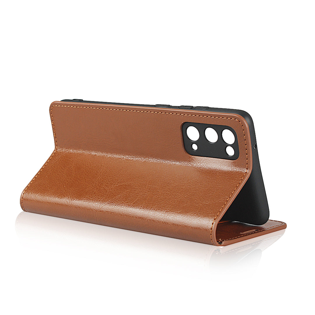 Crazy Horse Auto-Absorbed Genuine Leather Wallet Stand Case for Samsung Galaxy S20 FE/S20 Fan Edition/S20 FE 5G/S20 Fan Edition 5G - Light Brown
