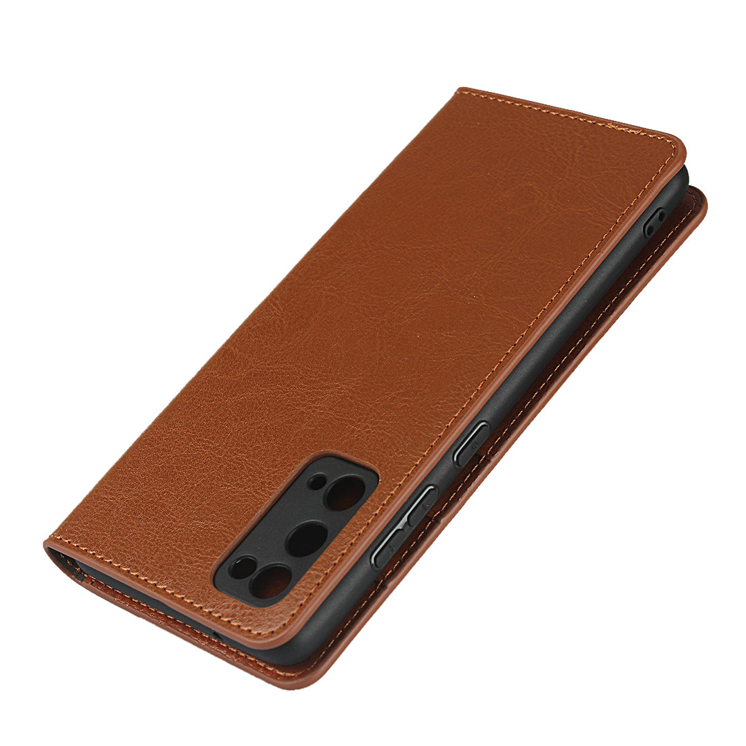 Crazy Horse Auto-Absorbed Genuine Leather Wallet Stand Case for Samsung Galaxy S20 FE/S20 Fan Edition/S20 FE 5G/S20 Fan Edition 5G - Light Brown