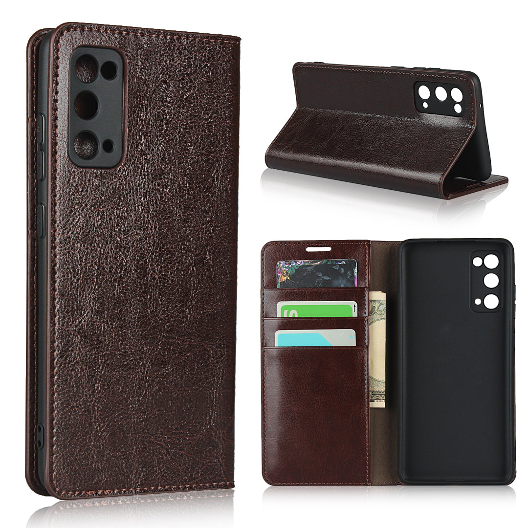 Crazy Horse Auto-Absorbed Genuine Leather Wallet Stand Case for Samsung Galaxy S20 FE/S20 Fan Edition/S20 FE 5G/S20 Fan Edition 5G - Dark Brown