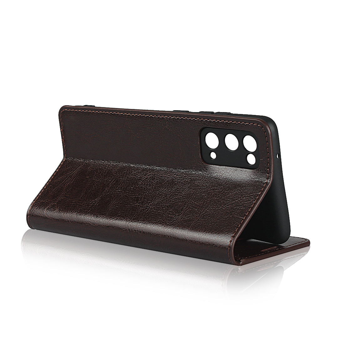 Crazy Horse Auto-Absorbed Genuine Leather Wallet Stand Case for Samsung Galaxy S20 FE/S20 Fan Edition/S20 FE 5G/S20 Fan Edition 5G - Dark Brown