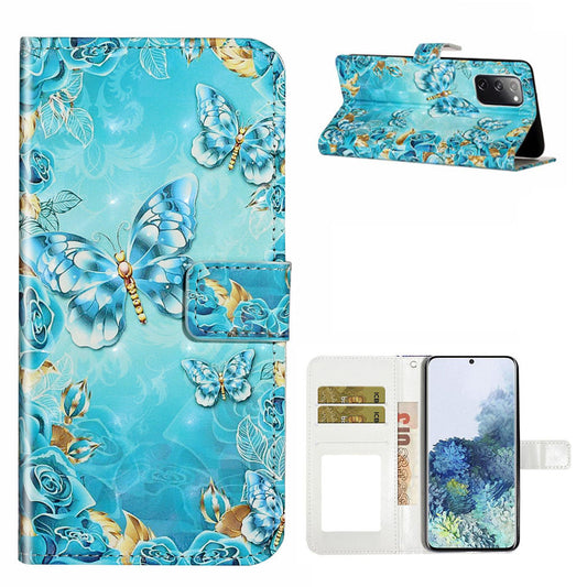 For Samsung Galaxy S20 FE 4G/5G/S20 Lite/S20 FE 2022 Light Spot Decor Pattern Printing Leather Case - Gold/Blue Butterfly