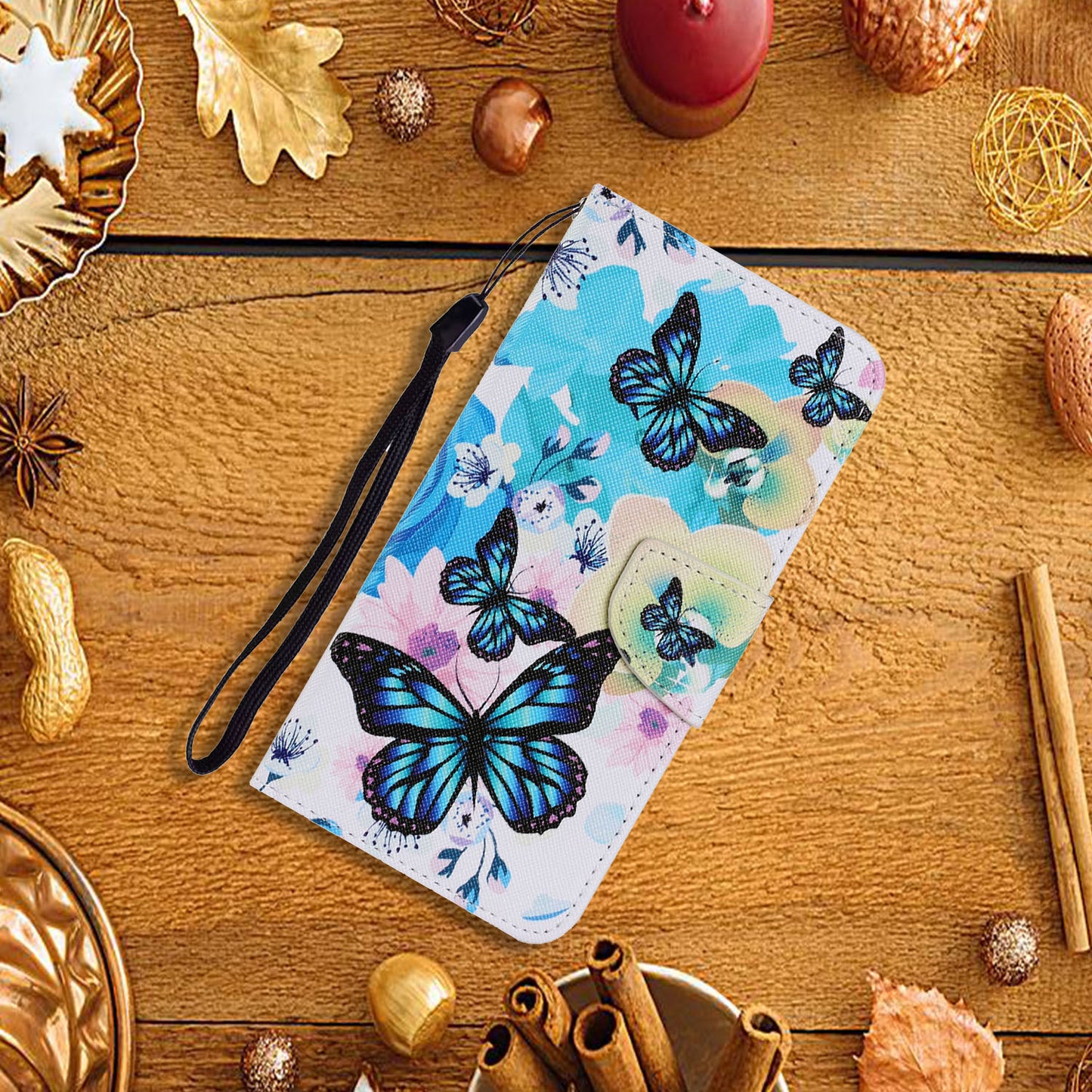 Unique Pattern Printing Wallet Stand Leather Case with Lanyard for Samsung Galaxy S20 Plus - Blue Butterflies
