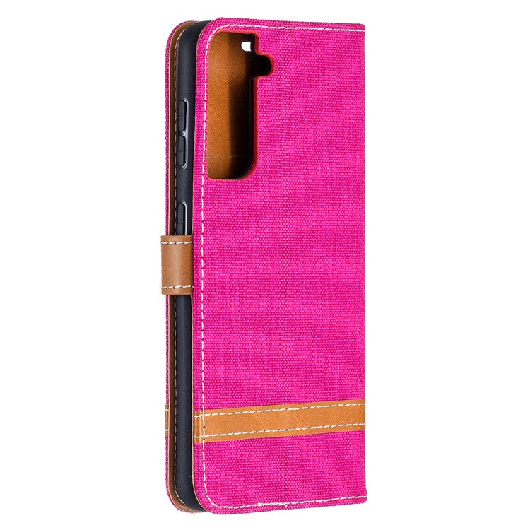 Color Splicing Jeans Cloth Skin Wallet Leather Phone Shell for Samsung Galaxy S21 4G/5G - Rose