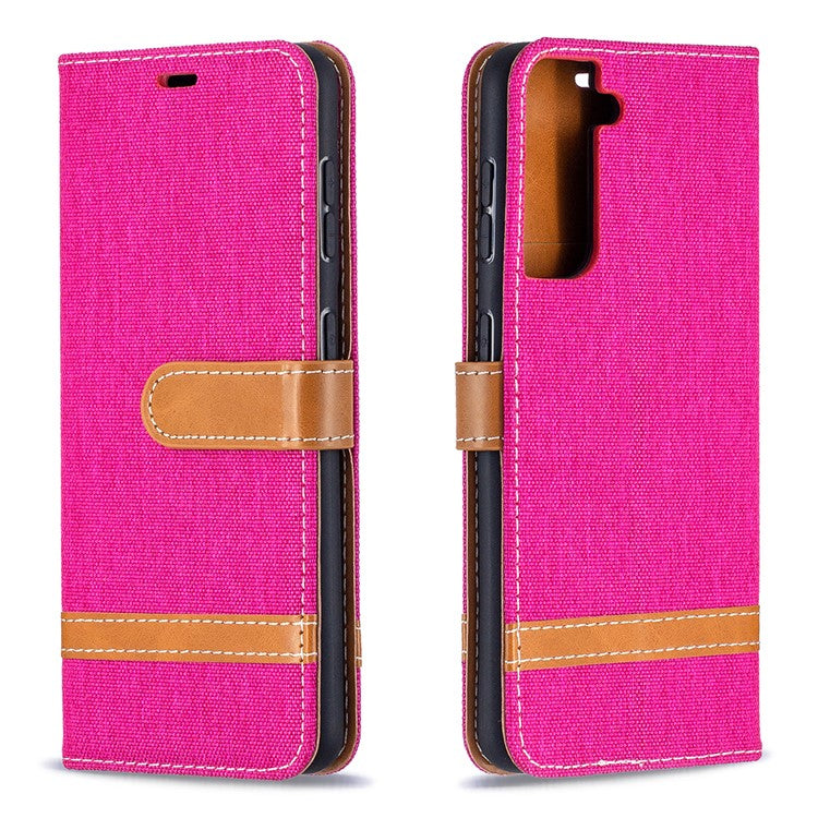 Color Splicing Jeans Cloth Skin Wallet Leather Phone Shell for Samsung Galaxy S21 4G/5G - Rose