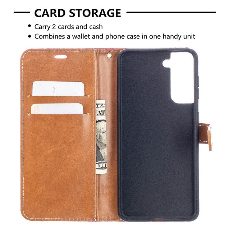 Color Splicing Jeans Cloth Skin Wallet Leather Phone Shell for Samsung Galaxy S21 4G/5G - Rose