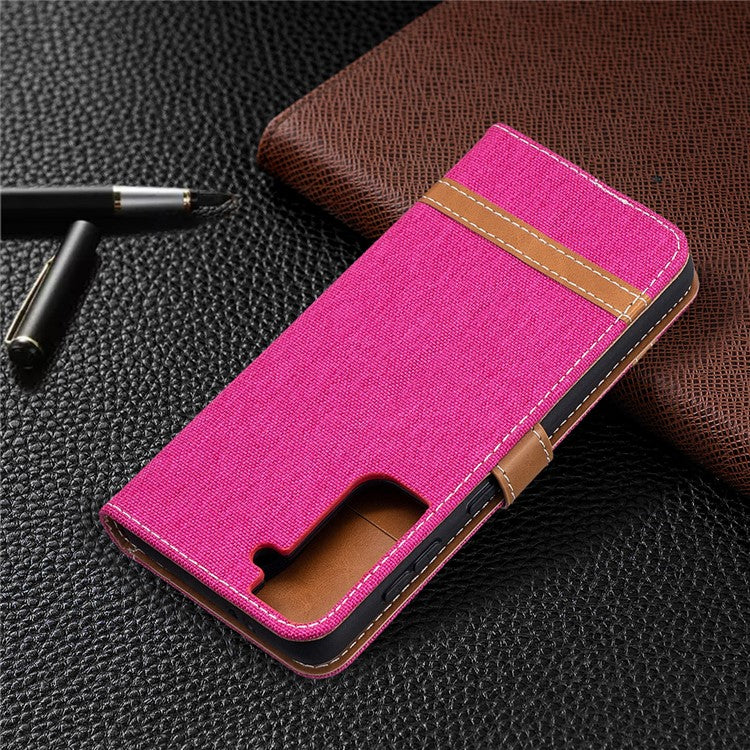 Color Splicing Jeans Cloth Skin Wallet Leather Phone Shell for Samsung Galaxy S21 4G/5G - Rose