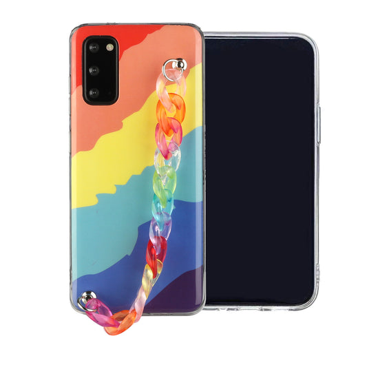 IMD Workmanship Shell for Samsung Galaxy S20 Plus/S20 Plus 5G  TPU Rainbow Phone Case with Wrist Strap Chain - Twill Rainbow