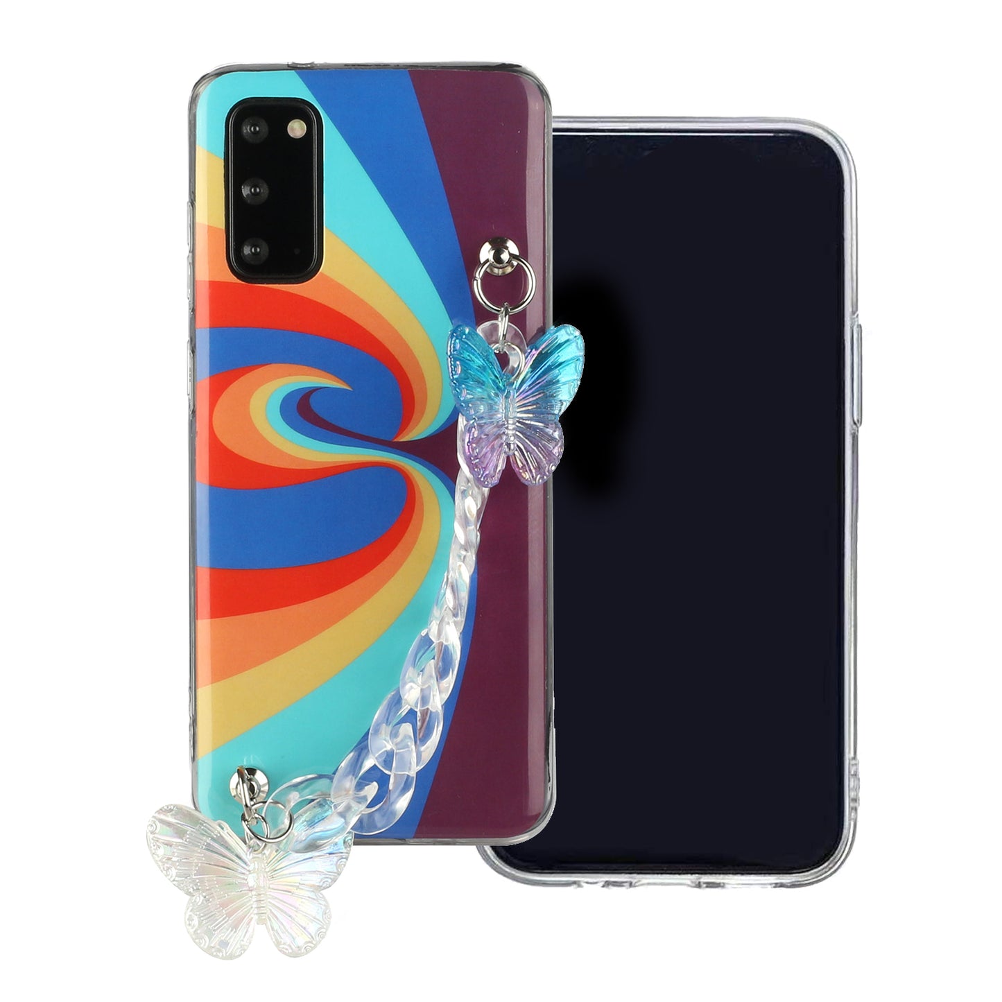 IMD Workmanship Shell for Samsung Galaxy S20 Plus/S20 Plus 5G  TPU Rainbow Phone Case with Wrist Strap Chain - Swirl Rainbow