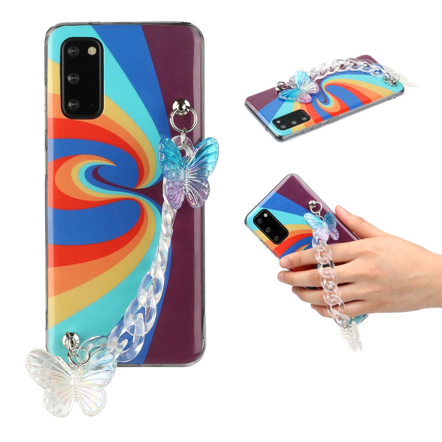 IMD Workmanship Shell for Samsung Galaxy S20 Plus/S20 Plus 5G  TPU Rainbow Phone Case with Wrist Strap Chain - Swirl Rainbow
