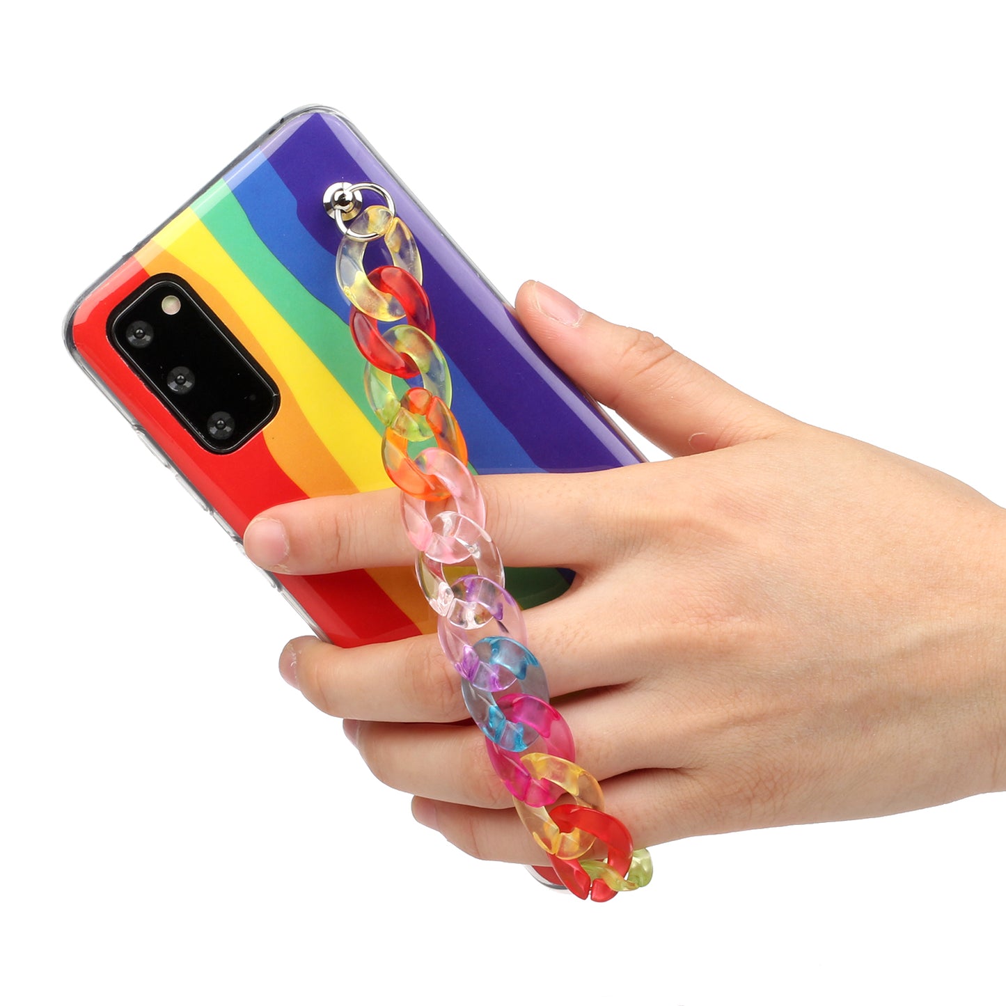 IMD Workmanship Shell for Samsung Galaxy S20 Plus/S20 Plus 5G  TPU Rainbow Phone Case with Wrist Strap Chain - Red and Blue