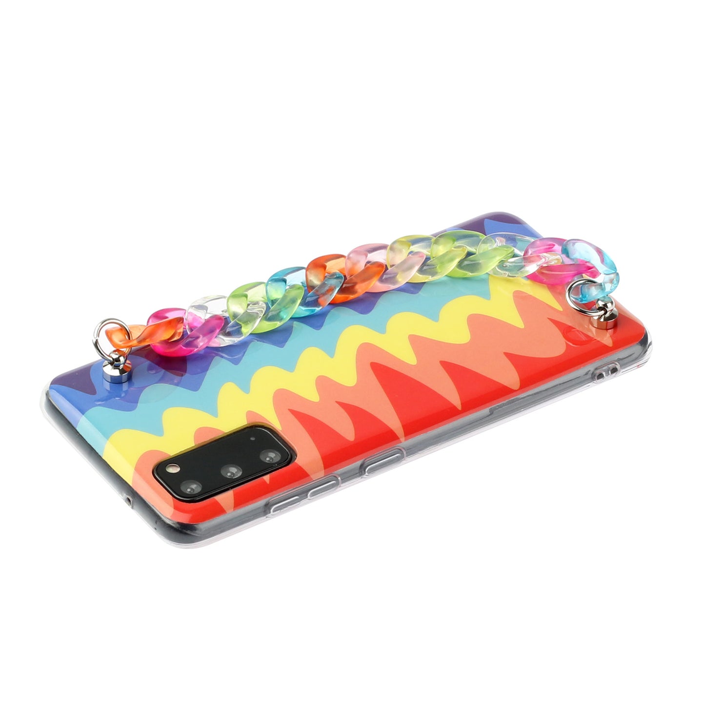 IMD Workmanship Shell for Samsung Galaxy S20 Plus/S20 Plus 5G  TPU Rainbow Phone Case with Wrist Strap Chain - Wave Rainbow