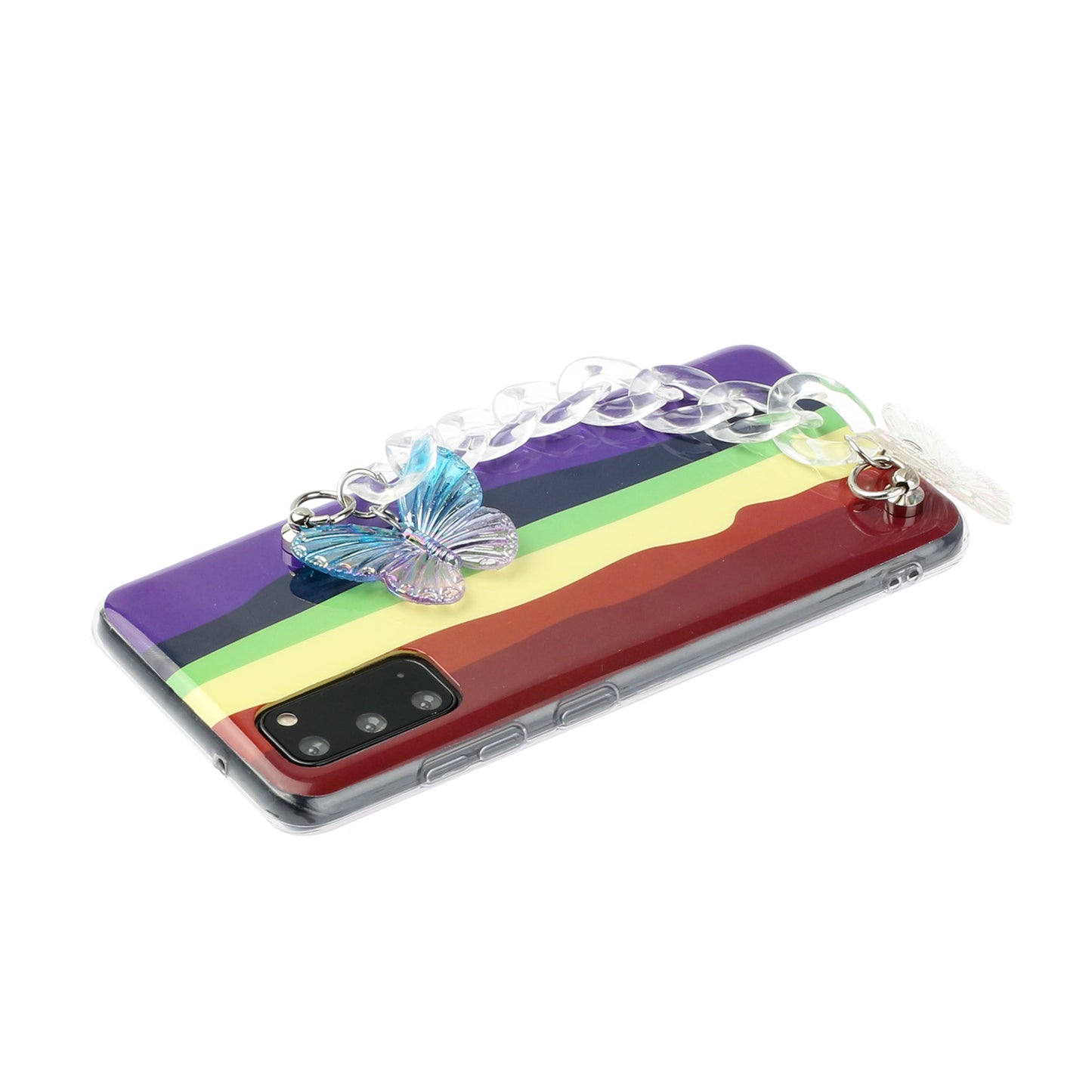 IMD Rainbow Pattern TPU Phone Cover with Wrist Strap for Samsung Galaxy S20 FE/S20 Fan Edition/S20 FE 5G/S20 Fan Edition 5G/S20 Lite - Brown and Purple