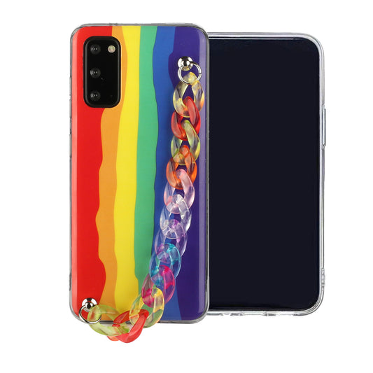 IMD Rainbow Design TPU Phone Cover with Colorful Chain Strap for Samsung Galaxy S20 4G/S20 5G - Red and Blue