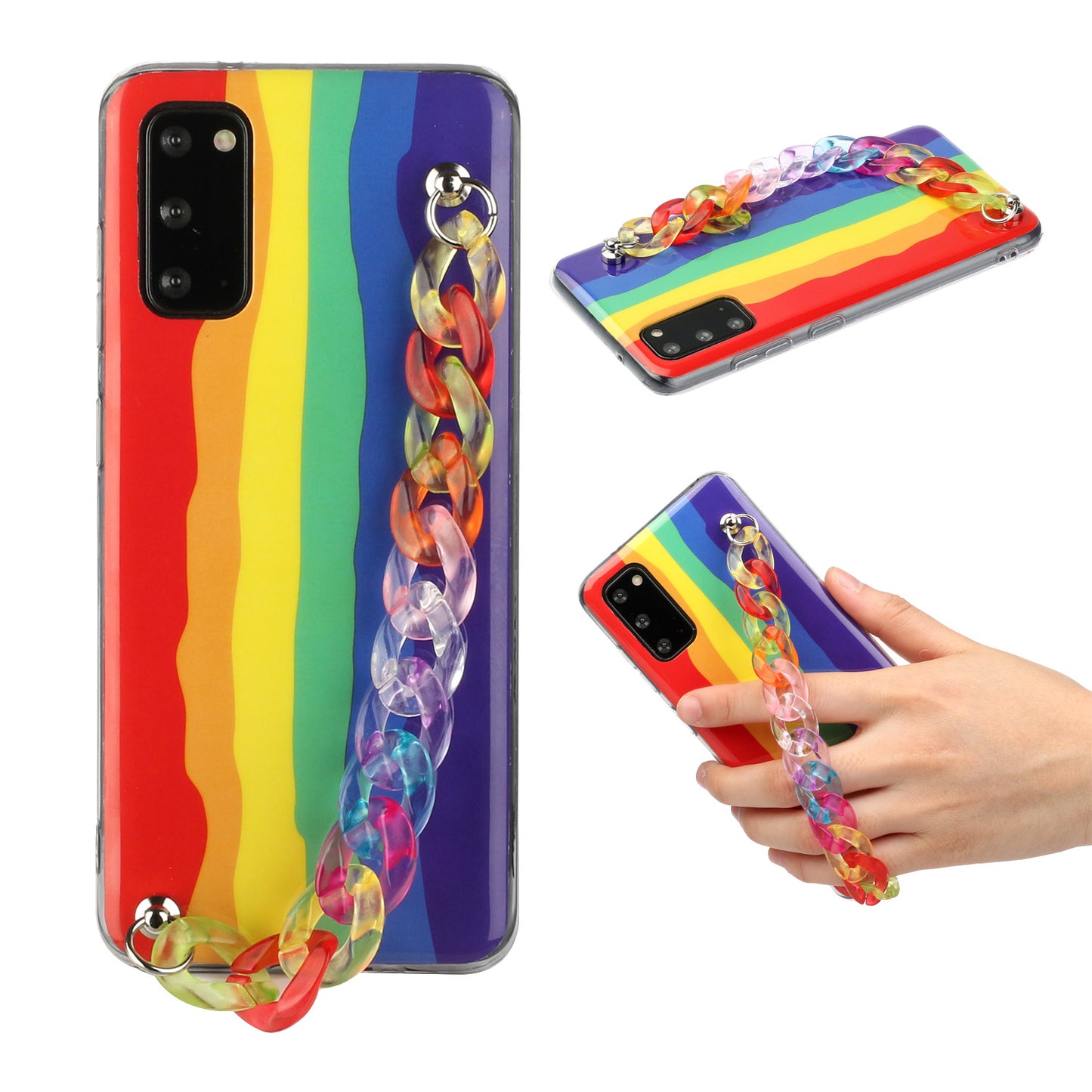 IMD Rainbow Design TPU Phone Cover with Colorful Chain Strap for Samsung Galaxy S20 4G/S20 5G - Red and Blue
