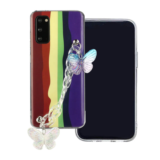 IMD Rainbow Design TPU Phone Cover with Colorful Chain Strap for Samsung Galaxy S20 4G/S20 5G - Brown and Purple