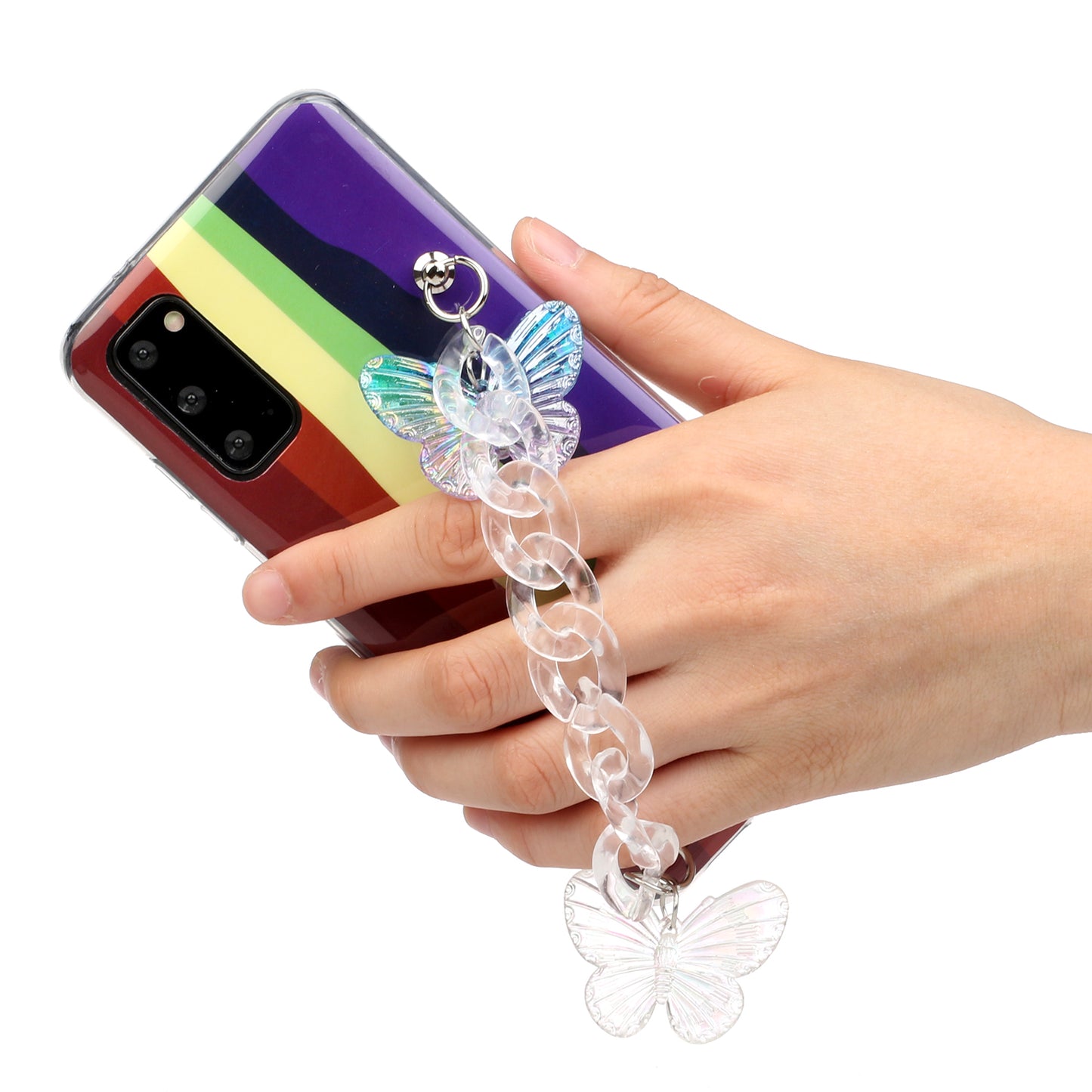 IMD Rainbow Design TPU Phone Cover with Colorful Chain Strap for Samsung Galaxy S20 4G/S20 5G - Brown and Purple