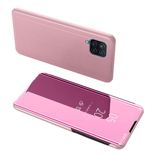Plated Mirror Surface Case for Samsung Galaxy A12 View Window Leather Cover - Rose Gold