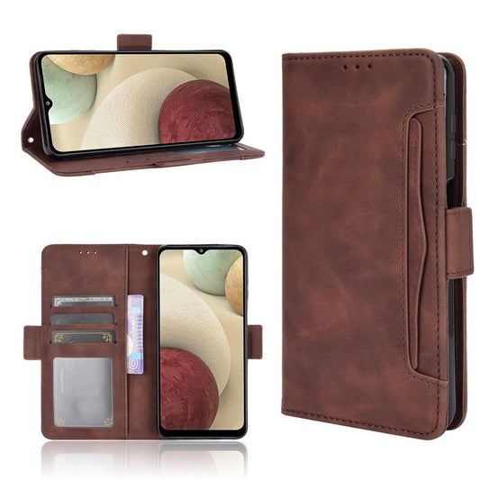 For Samsung Galaxy M12 / A12 Multiple Card Slots Protective Cover Stand Leather Case - Brown
