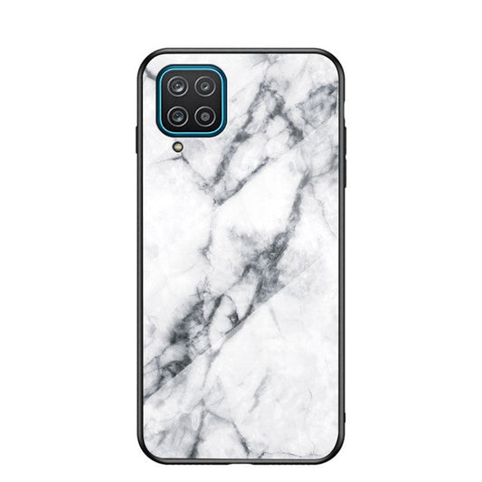 For Samsung Galaxy A12 Tempered Glass + PC + TPU Cell Phone Case Marble Patter Design Scratch Resistant Cover - White Marble