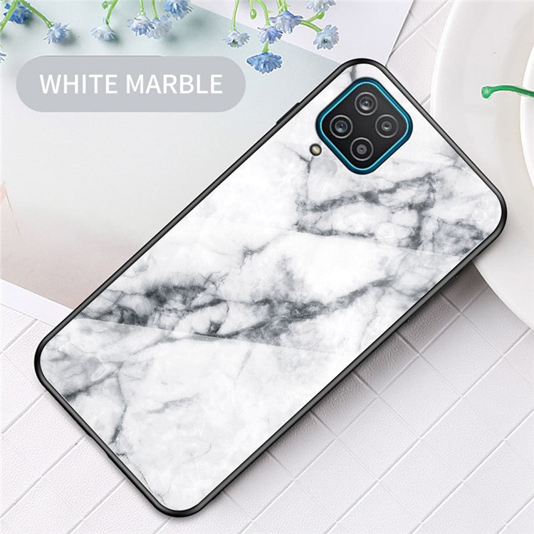 For Samsung Galaxy A12 Tempered Glass + PC + TPU Cell Phone Case Marble Patter Design Scratch Resistant Cover - White Marble
