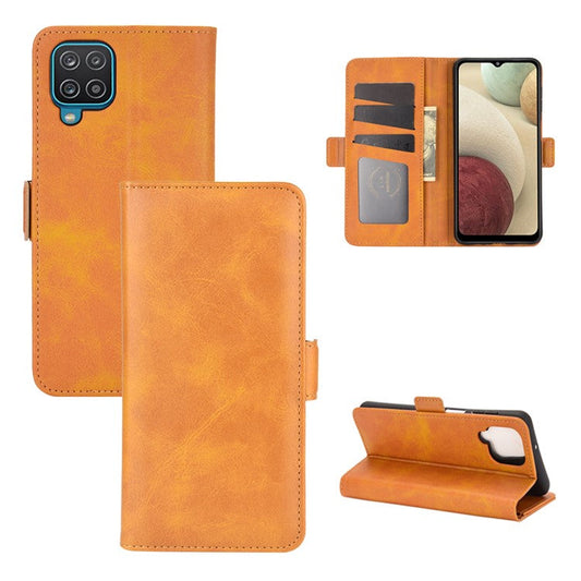Double Clasp Flip Magnet Leather Cover for Samsung Galaxy A12 Wallet Stand Design Phone Cover - Yellow