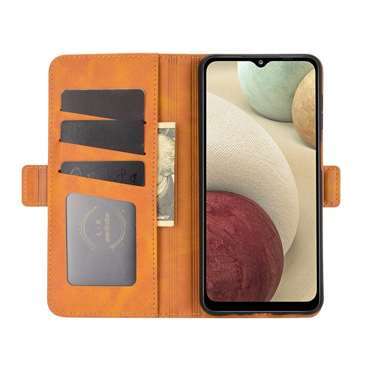 Double Clasp Flip Magnet Leather Cover for Samsung Galaxy A12 Wallet Stand Design Phone Cover - Yellow