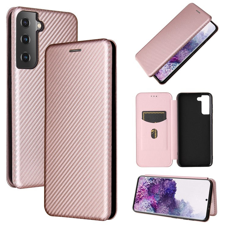 For Samsung Galaxy S21 4G/5G Carbon Fiber Auto-absorbed Leather Shell with Card Holder - Rose Gold