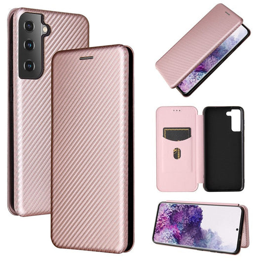 For Samsung Galaxy S21 4G/5G Carbon Fiber Auto-absorbed Leather Shell with Card Holder - Rose Gold