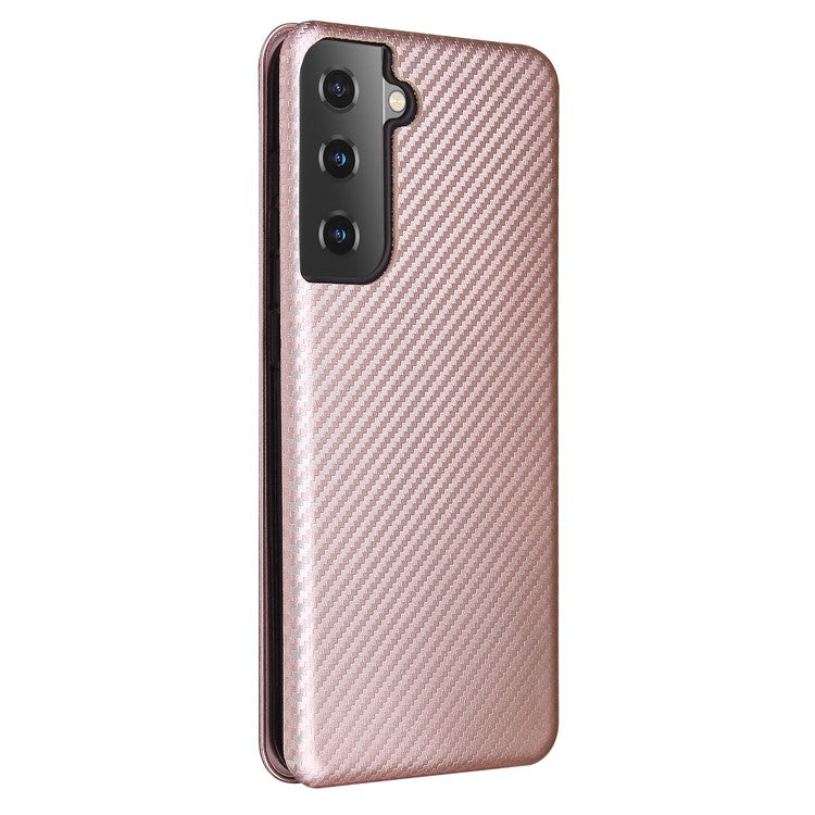 For Samsung Galaxy S21 4G/5G Carbon Fiber Auto-absorbed Leather Shell with Card Holder - Rose Gold