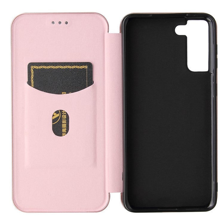 For Samsung Galaxy S21 4G/5G Carbon Fiber Auto-absorbed Leather Shell with Card Holder - Rose Gold