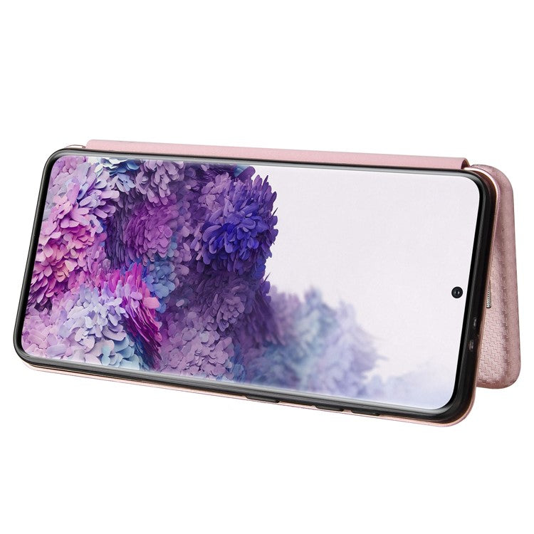 For Samsung Galaxy S21 4G/5G Carbon Fiber Auto-absorbed Leather Shell with Card Holder - Rose Gold