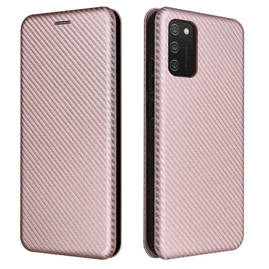 Carbon Fiber Texture Leather Case Auto-absorbed Stand Cover for Samsung Galaxy A02s (166.5x75.9x9.2mm) - Rose Gold