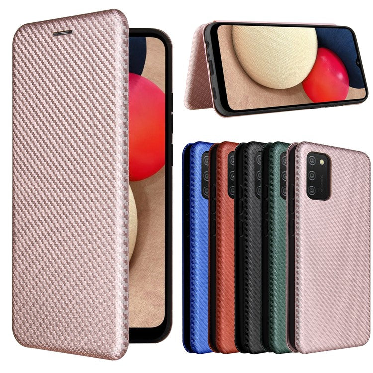 Carbon Fiber Texture Leather Case Auto-absorbed Stand Cover for Samsung Galaxy A02s (166.5x75.9x9.2mm) - Rose Gold