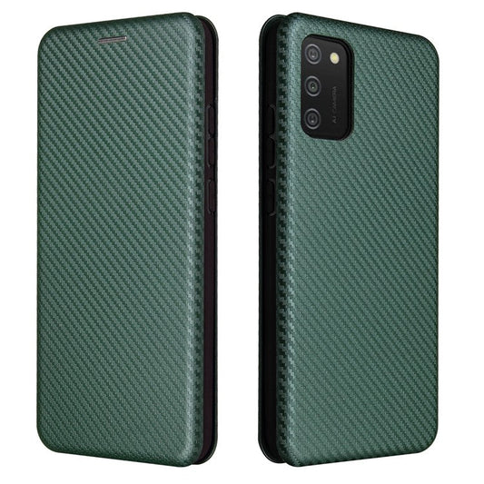 Carbon Fiber Texture Leather Case Auto-absorbed Stand Cover for Samsung Galaxy A02s (166.5x75.9x9.2mm) - Green