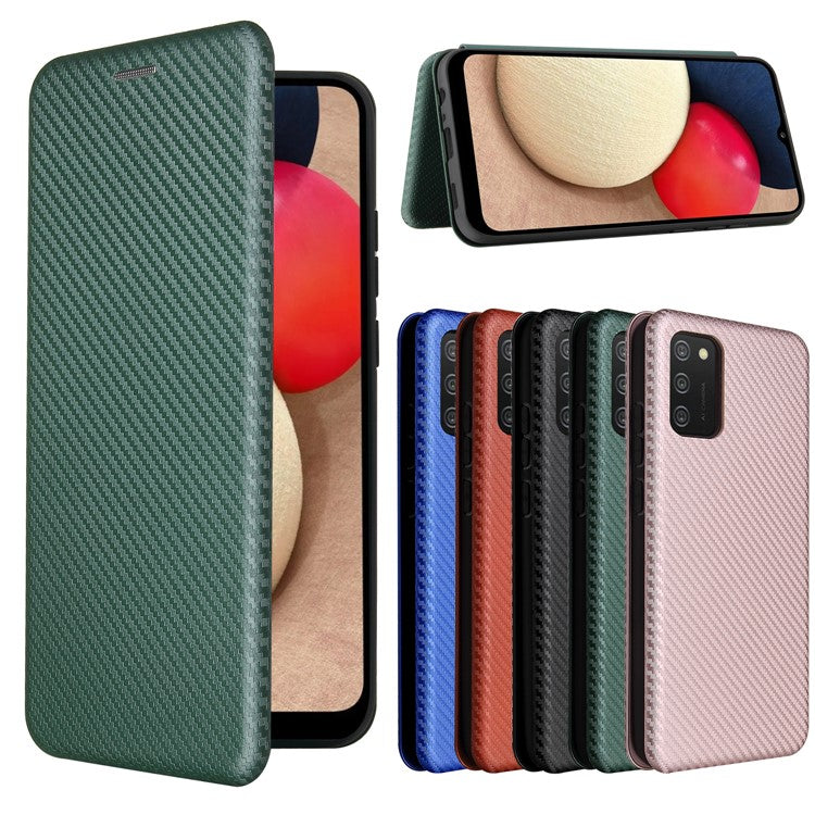 Carbon Fiber Texture Leather Case Auto-absorbed Stand Cover for Samsung Galaxy A02s (166.5x75.9x9.2mm) - Green