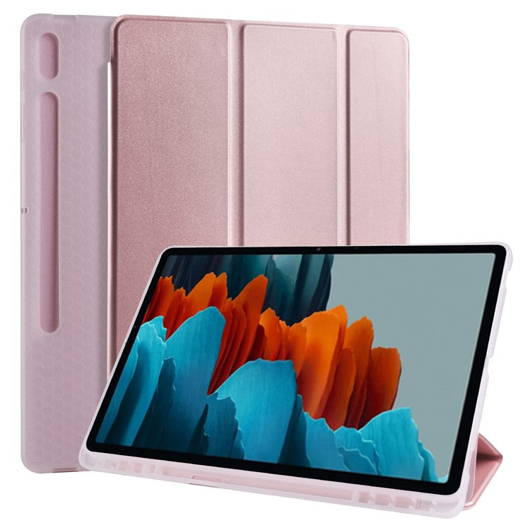 Tri-fold Stand Leather Smart Case with Pen Slot for Samsung Galaxy Tab S7+ - Rose Gold