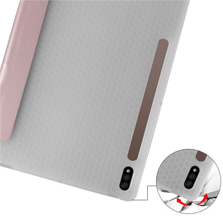 Tri-fold Stand Leather Smart Case with Pen Slot for Samsung Galaxy Tab S7+ - Rose Gold
