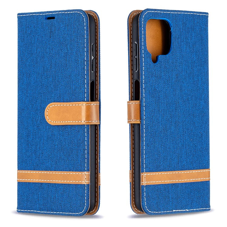 Case for Samsung Galaxy A12 Color Splicing Jeans Cloth Skin Wallet Leather Phone Cover - Baby Blue