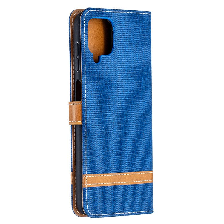 Case for Samsung Galaxy A12 Color Splicing Jeans Cloth Skin Wallet Leather Phone Cover - Baby Blue