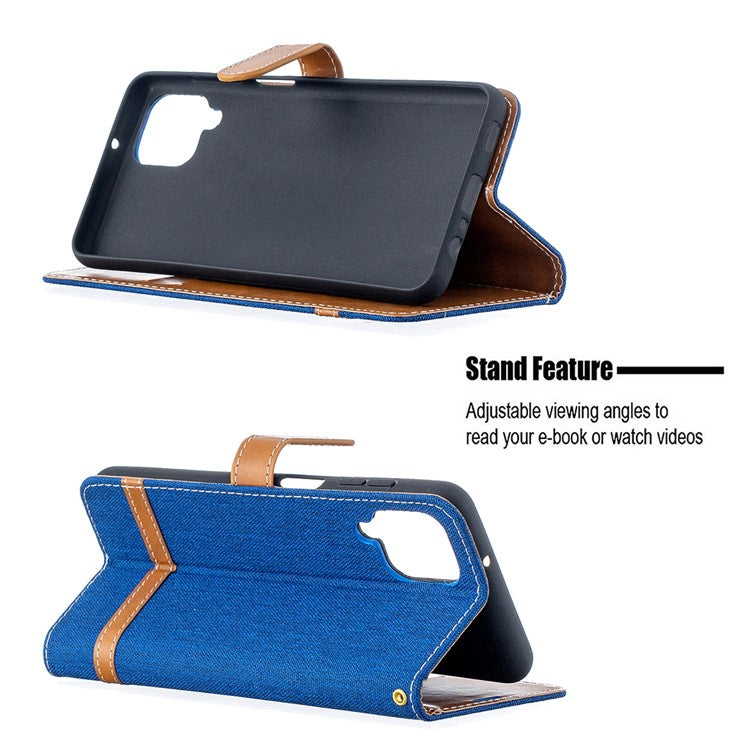 Case for Samsung Galaxy A12 Color Splicing Jeans Cloth Skin Wallet Leather Phone Cover - Baby Blue