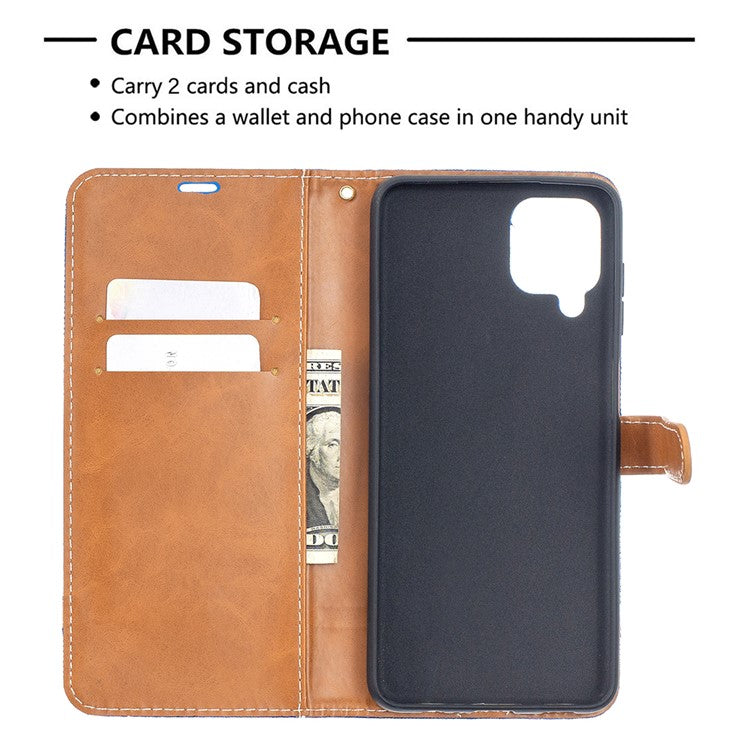 Case for Samsung Galaxy A12 Color Splicing Jeans Cloth Skin Wallet Leather Phone Cover - Baby Blue